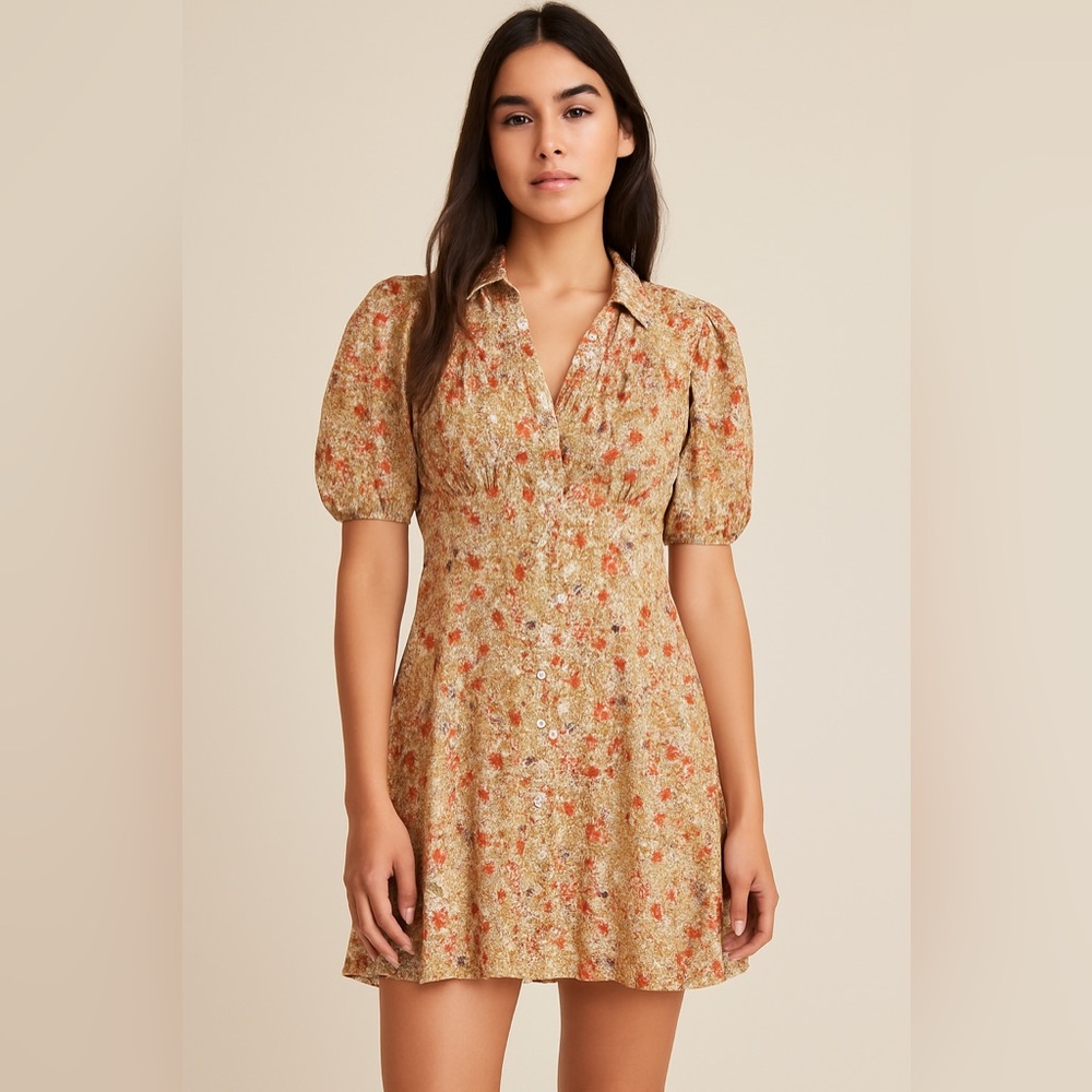 Free People XS Floral Puff Sleeve Button Front Mini‎ Dress